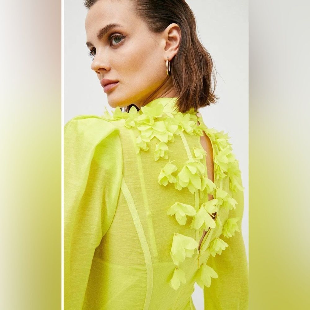 Karen Millen Vibrant Yellow/green appliqué Dress, US6 - Picture 3 of 15